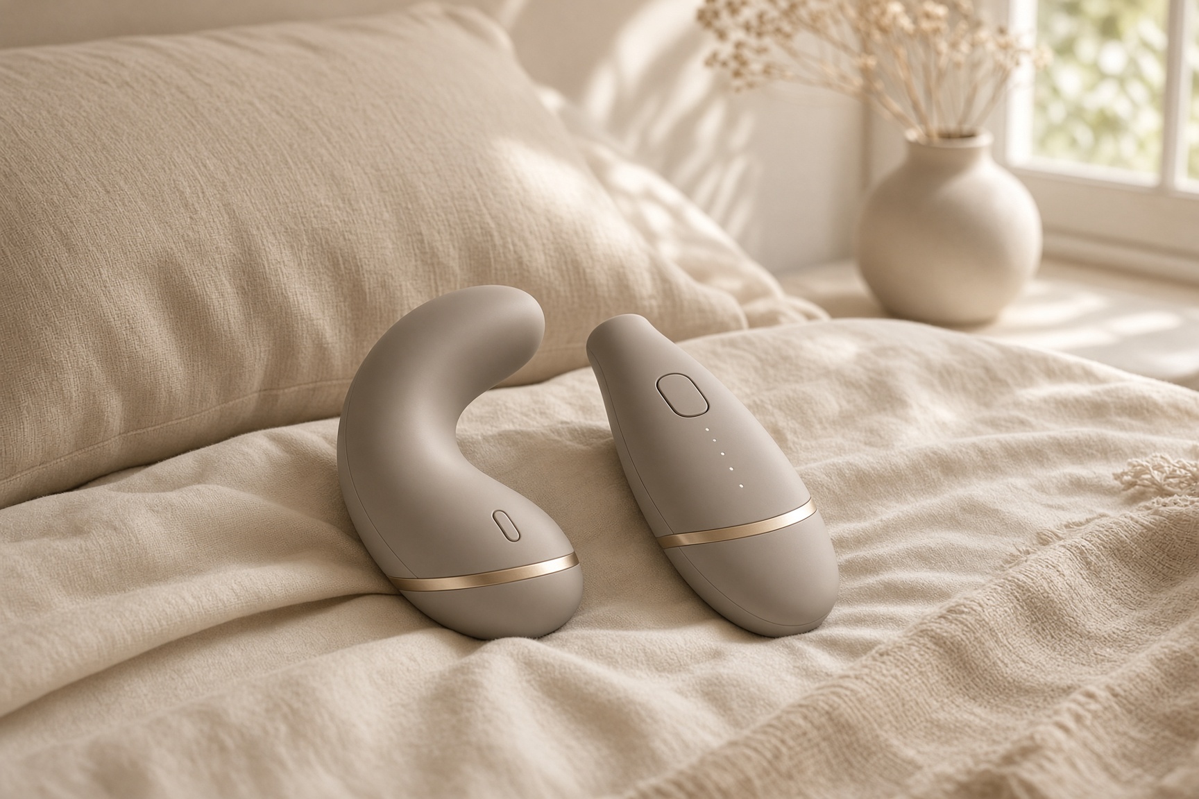 Two matte silicone toys resting on a linen bed in morning light