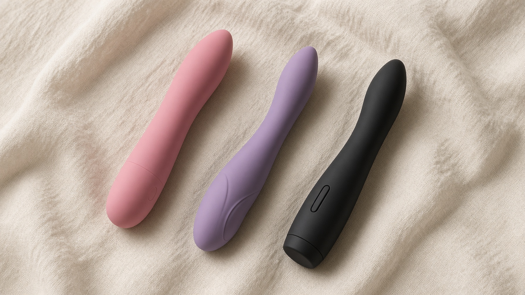 Three silicone vibrators in pink, lilac and black laid on linen, showing different shapes and finishes