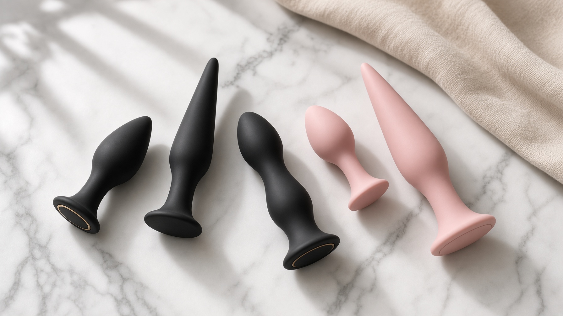 Five silicone butt plugs of increasing diameter on marble, each with a flared base